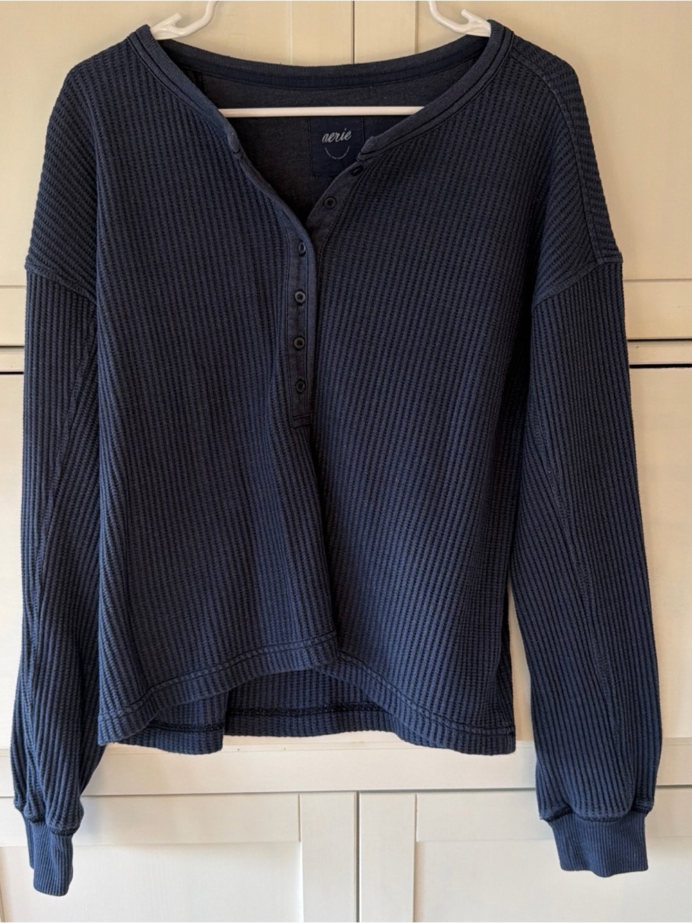 aerie Navy Waffle Henley Long Sleeve Top - Button Front